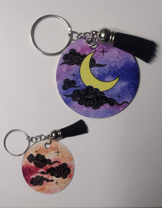 Sunset Moon and Clouds Keychain - METAL with custom tassel